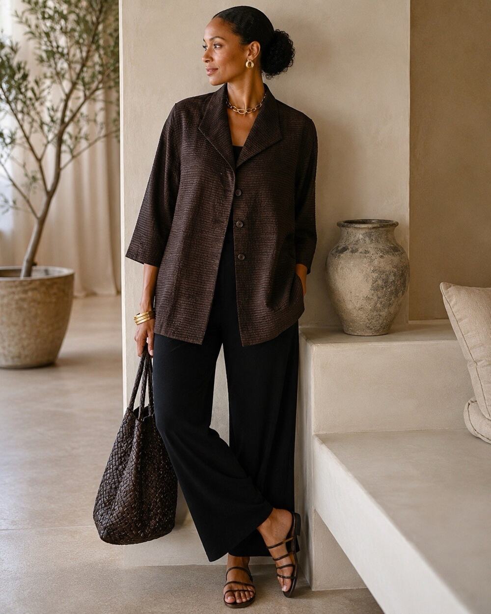 Eileen Fisher Silk Wool Textured Blazer /Jacket - Brown -  M